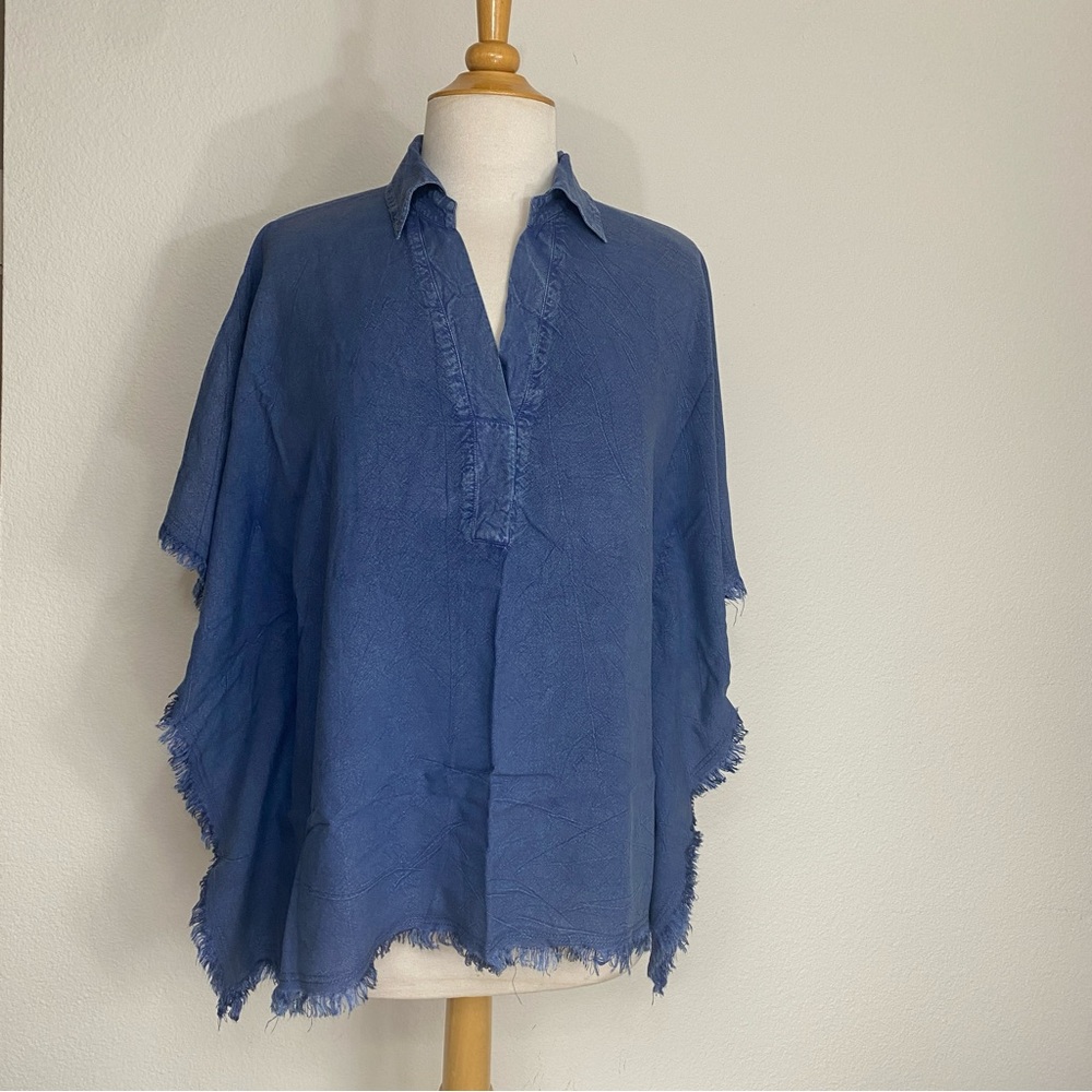 Unique Spectrum Blue Soft Chambray Fringe Trim Oversize Kimono Tunic Size Small